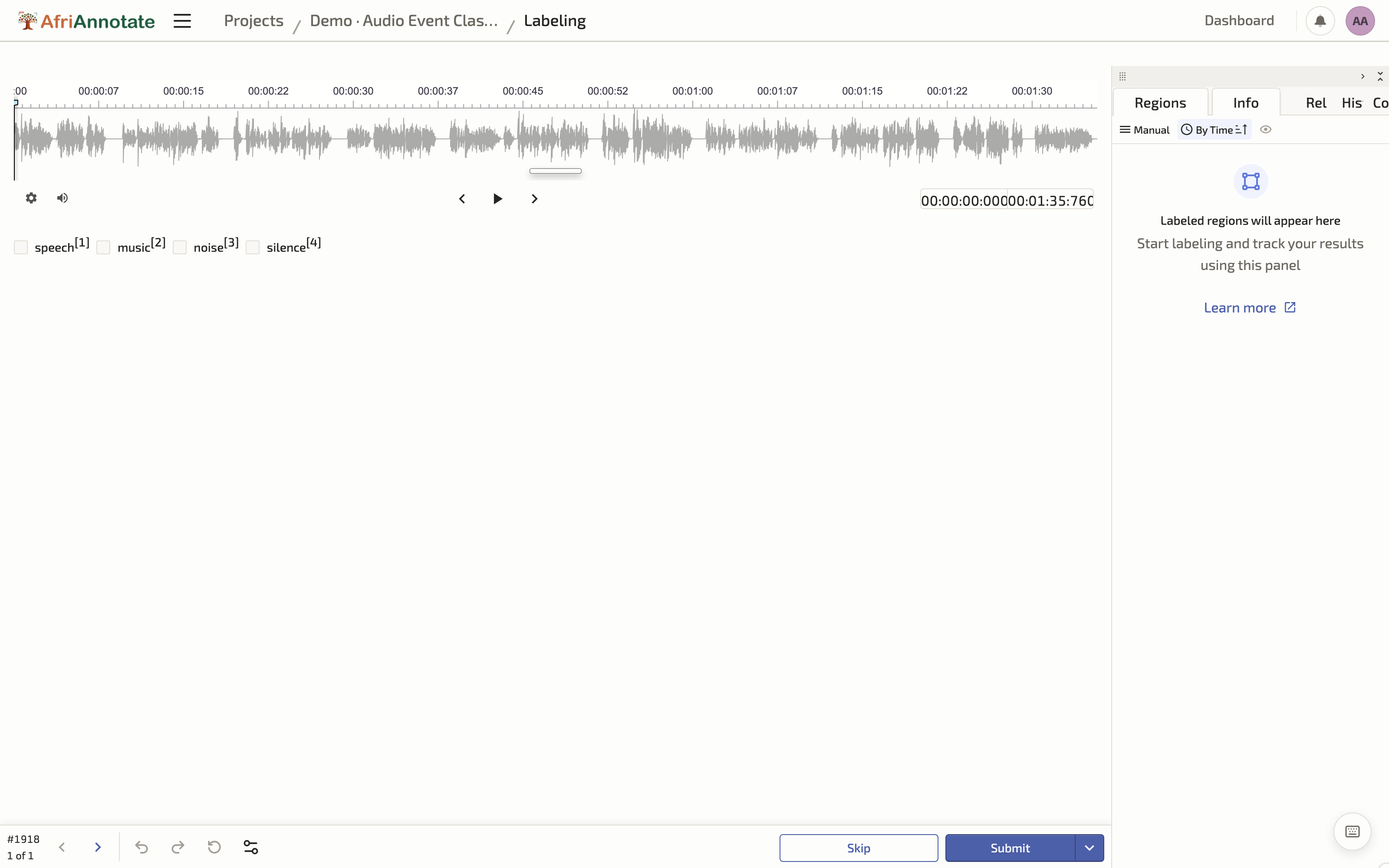 Labelling an audio clip in the AfriAnnotate editor